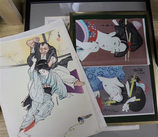 Five Japanese woodblock prints two by Yamamoto Eishun, two by Hiromitsu largest 23.5 x 31cm
